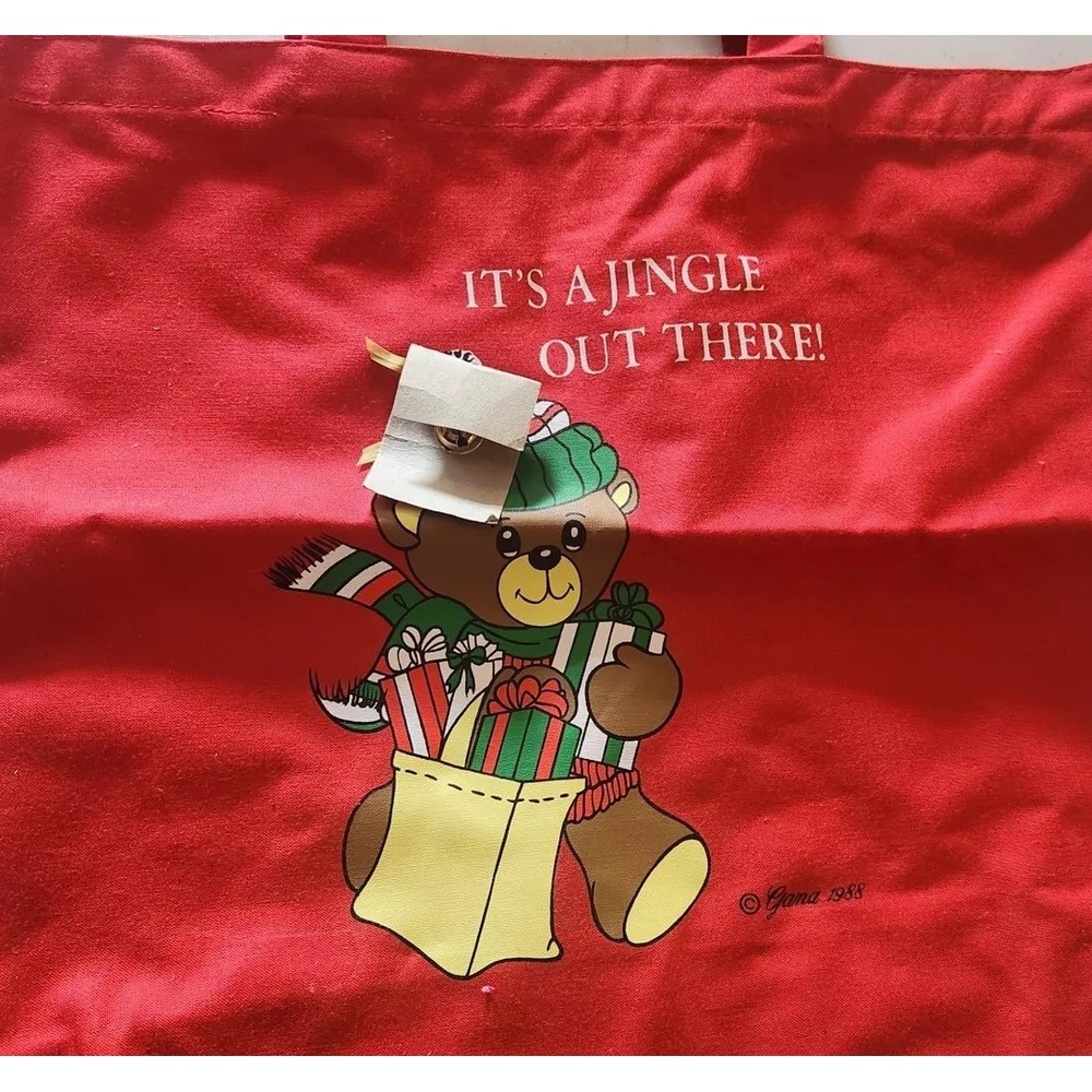 Big 1980s Christmas Tote Bag Jingle‎ Bell Teddy Bear Red Large Holiday Vintage